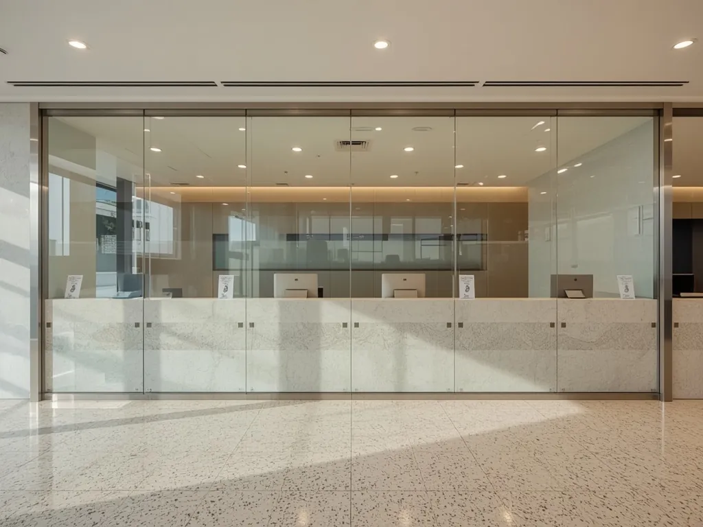 Glazed counter screens along a bank teller line