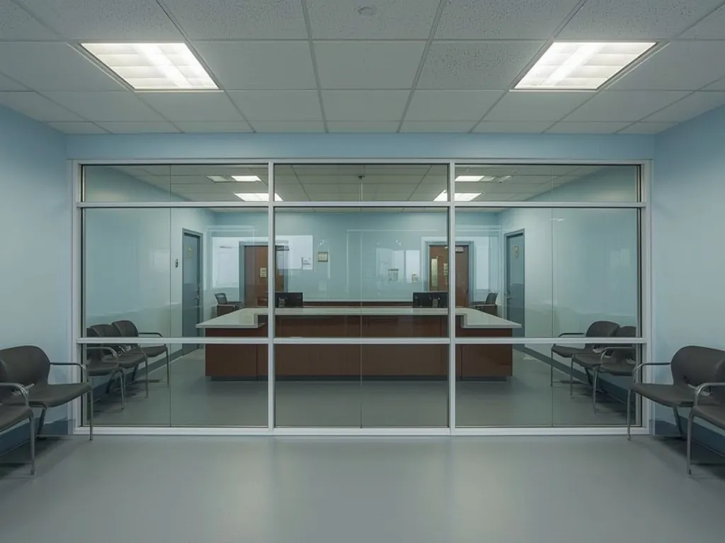 Glazed front desk barrier in a police station reception