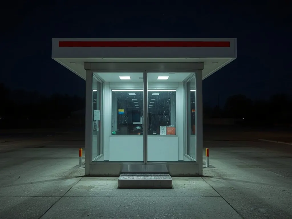Glazed night-pay window at a petrol station kiosk after dark