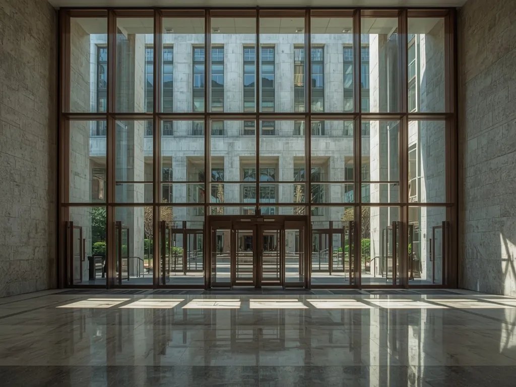 Glazed entrance screen to a government building lobby