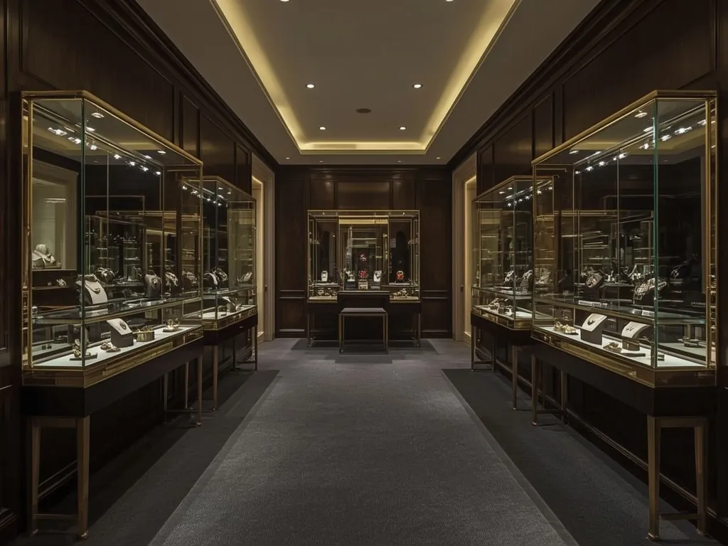 Glazed display cabinets in a high-value retail interior