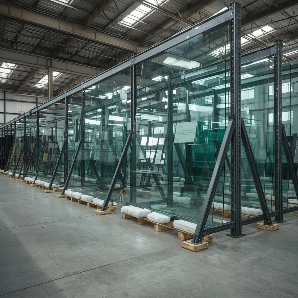 Large panes of glass stored upright in a steel rack, resting on evenly spaced timber blocks